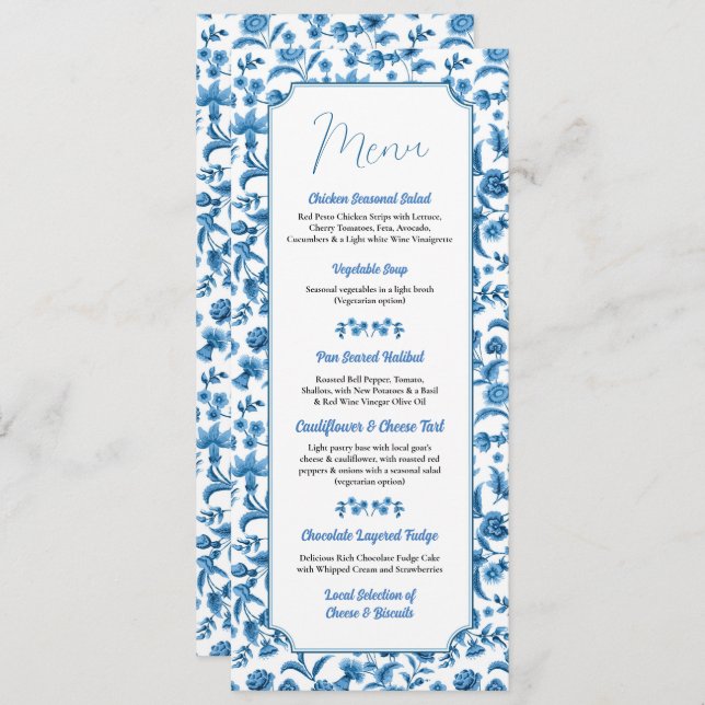 Menü "Wedding Chintz Blue & White Floral Ditsy" Menükarte (Vorne/Hinten)