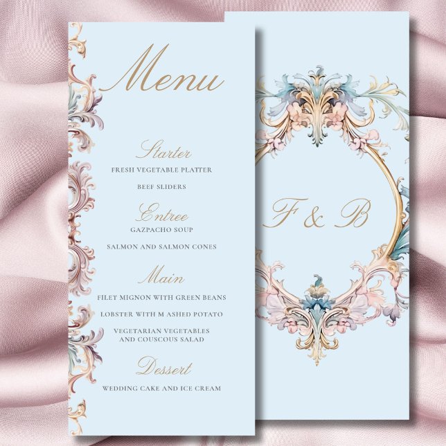 Menü "Wedding Regency Era Monogram Blue Menu" Menükarte (Von Creator hochgeladen)