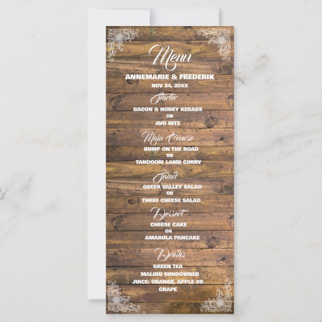Menü "Wood Rustic Lace Wedding" (Vorderseite)