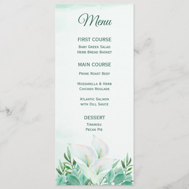 Menus der weißen Calla Lily Monogram Menükarte (Vorderseite)