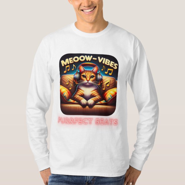 Meoow Vibes Cat mit Kopfhörern und Musiknoten T-Shirt (Vorderseite)