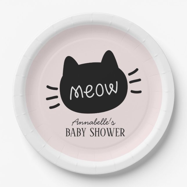 Meow Black Cat Face Pink Girl Baby Dusche Pappteller (Vorderseite)