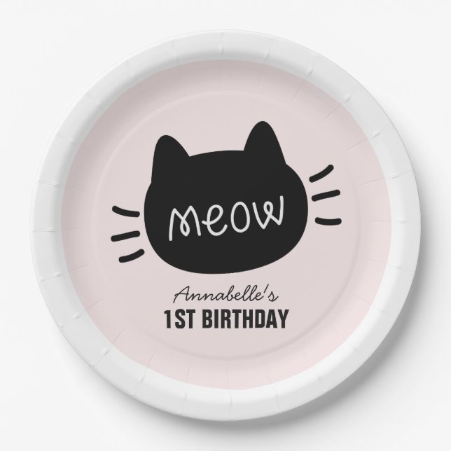 Meow Black Cat Face Pink Girl Geburtstag Pappteller (Vorderseite)