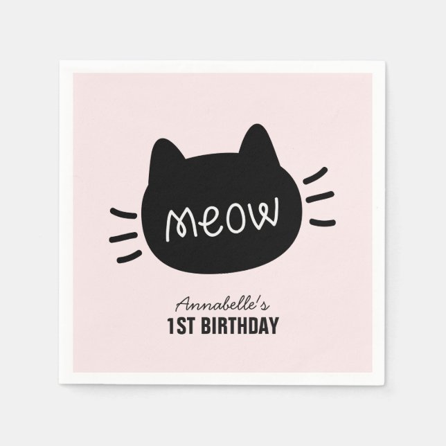Meow Black Cat Face Pink Girl Geburtstag Serviette (Vorderseite)