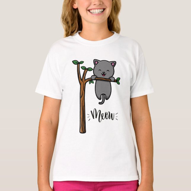 MEOW CAT AUF BAUM T-Shirt (Vorderseite)