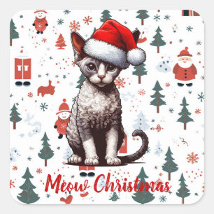 Meow Christmas Devon Rex Cat, Xmas Santa Kitten Quadratischer Aufkleber