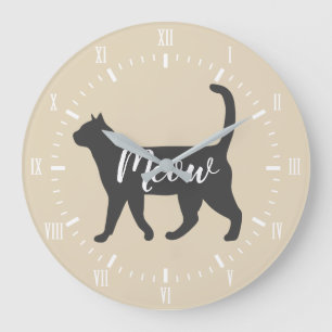 Meow-graue KatzeSilhouette u. Taupe Große Wanduhr