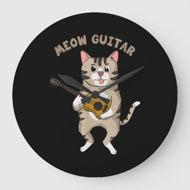 Meow Guitar Niedlich Cat Playing Gitarre Funny Kät Große Wanduhr (Vorderseite)