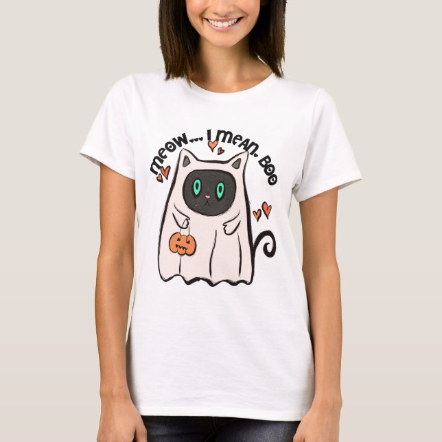 Meow... Ich Gemein, Boo! Black Cat Ghost Halloween T-Shirt (Vorderseite)