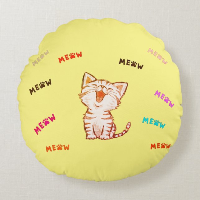 Meow Kitten Print  Round Pillow Rundes Kissen (Vorderseite)
