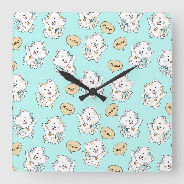 Meow Kittens Pattern - Niedliche Cat Wall Clock Quadratische Wanduhr (Vorderseite)