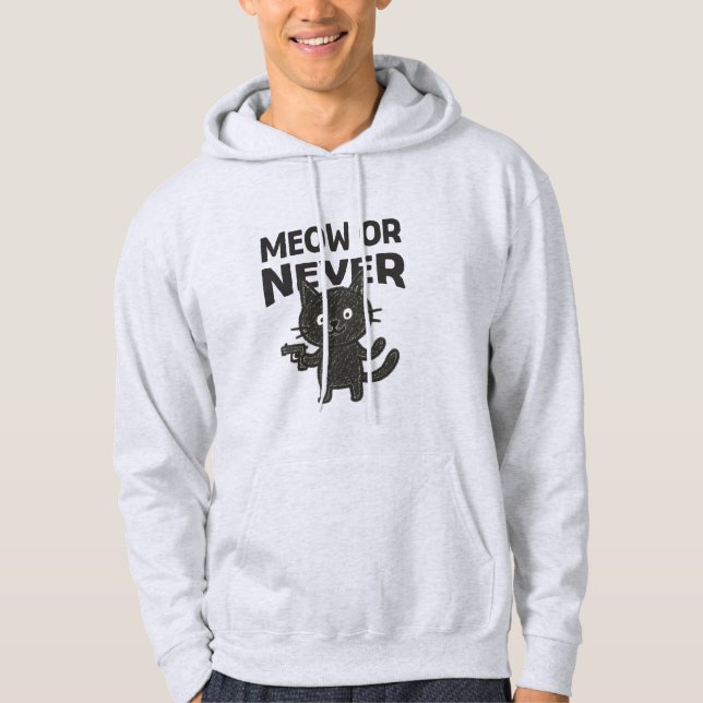 Meow or Never – Funny Black Cat Hoodie (Vorderseite)