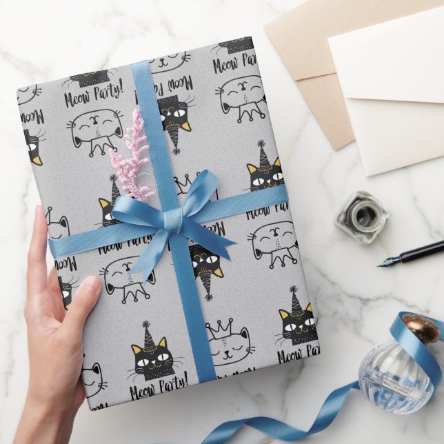 Meow Party-Funny Black Cat Birthday-Niedlich Paw M Geschenkpapier (Schenken)