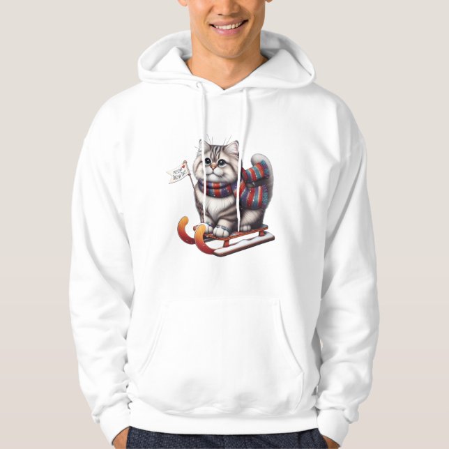 "Meow Snow Day! Cute Kitten on Sled with Scarf Hoodie (Vorderseite)