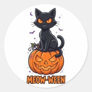 Meow-Ween schwarze Halloween-Katze Runder Aufkleber