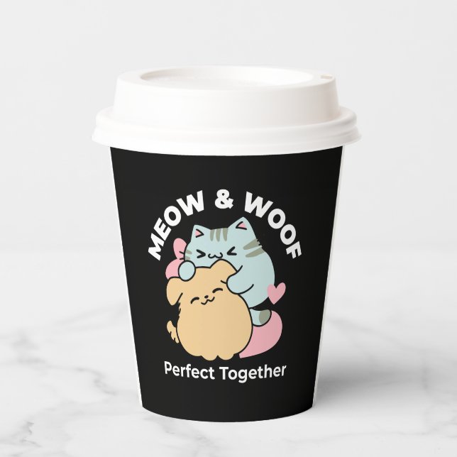 Meow & Woof perfekt zusammen - Niedliche Katze und Pappbecher (Vorderseite)