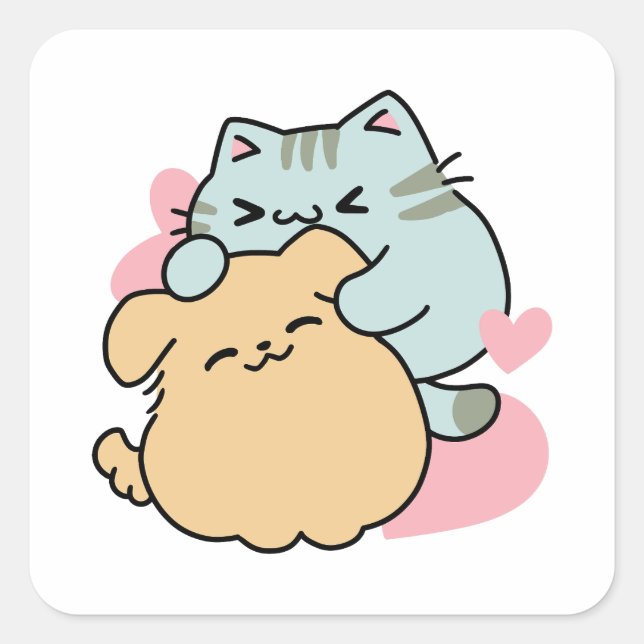 Meow & Woof perfekt zusammen - Niedliche Katze und Quadratischer Aufkleber (Vorderseite)
