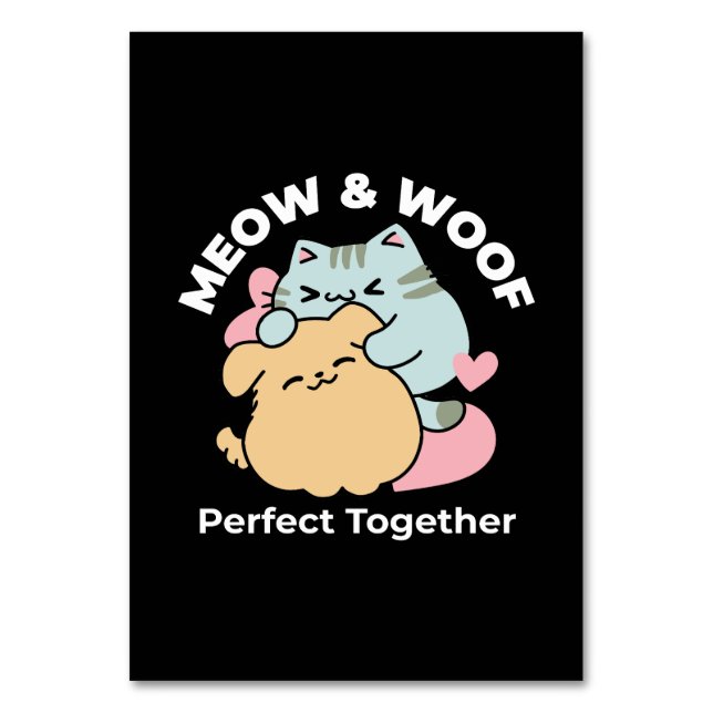 Meow & Woof perfekt zusammen - Niedliche Katze und Tischnummer (Vorderseite)