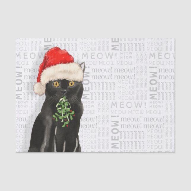 Meow Word Art and Black Bombay Santa Cat Seidenpapier (Vorderseite)