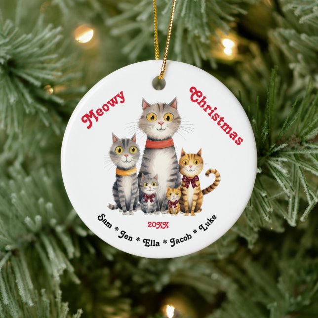 Meowa Christmas Watercolor Cat Familie anpassbar Keramik Ornament (Baum)