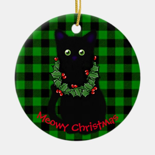 Meowcat Weihnachten Weihnachtskranz Rot grün Keramik Ornament (Vorne)