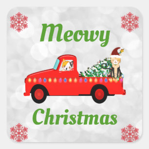 MeowChristmas Niedlich Cat Red Truck Quadratischer Aufkleber