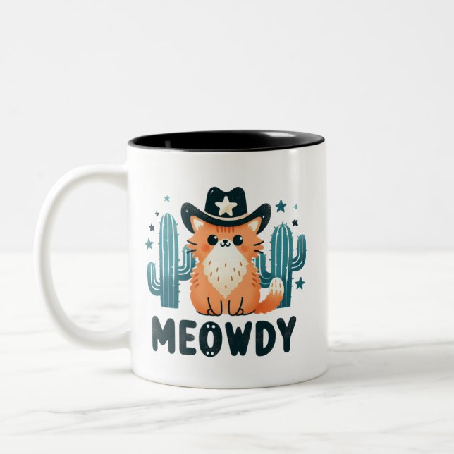 Meowdy Cowboy Hat Cactus cat Zweifarbige Tasse (Links)