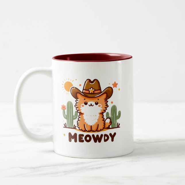 Meowdy Cowboy Hat Cactus cat Zweifarbige Tasse (Links)