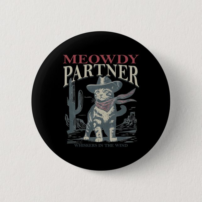 Meowdy Partner flüstert mit Cowboy-Hut Button (Vorderseite)