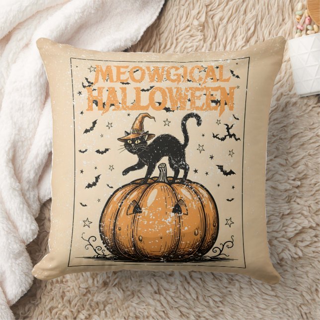 Meowgical Halloween Black Cat Vintage Throw Pillow Kissen (Decke)
