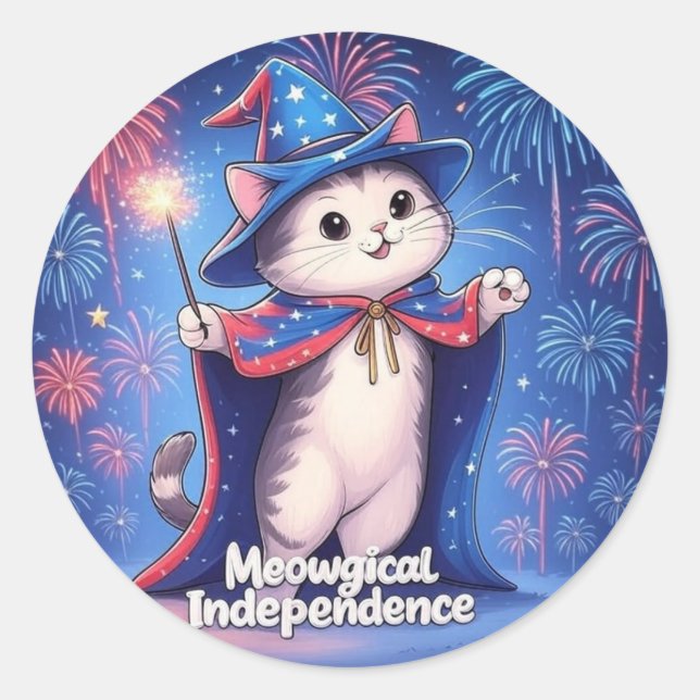 Meowgical Independence - Patriotic Wizard Cat Runder Aufkleber (Vorderseite)