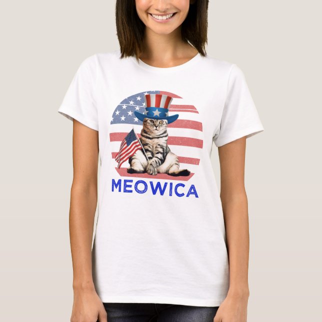 Meowica 4. Juli Patriotische Amerikanische Katze T-Shirt (Vorderseite)