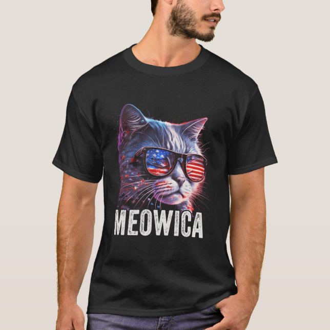 Meowica 4Th Of July Cat American Flag America Usa T-Shirt (Vorderseite)