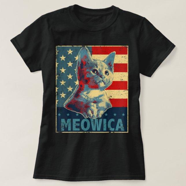Meowica Cat 4. Juli Patriotische amerikanische Fla T-Shirt (Design vorne)