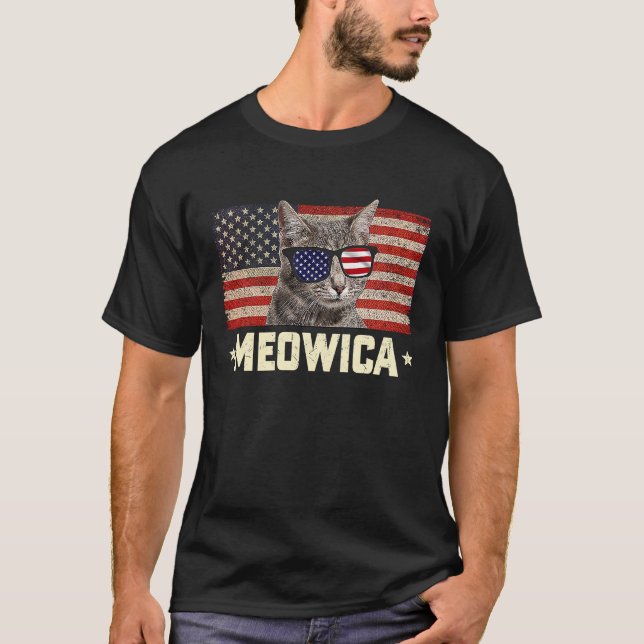 Meowica Cat 4. Juli Patriotische USA Amerika T-Shirt (Vorderseite)