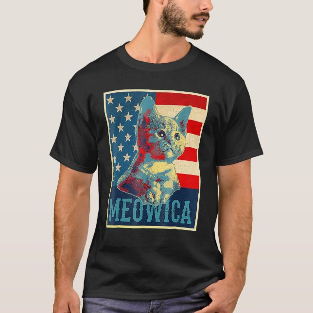Meowica Cat 4th of July Patriotic American Flag  W T-Shirt (Vorderseite)