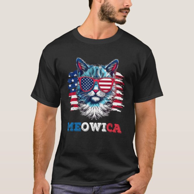 Meowica Cat Sunglasses American Flag USA Cat 4th o T-Shirt (Vorderseite)