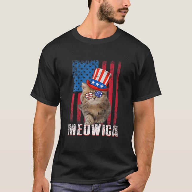 Meowica Katze American Flag Patriotic 4. Juli Ki T-Shirt (Vorderseite)