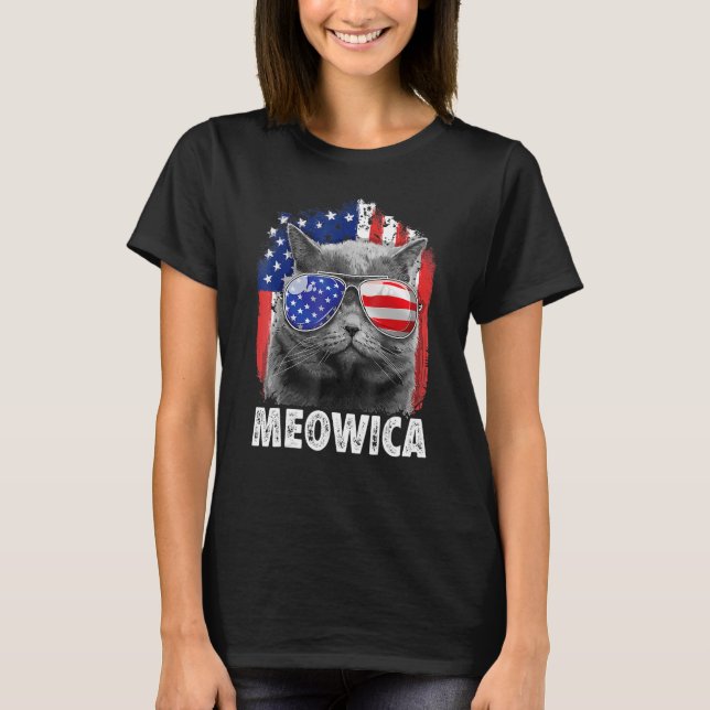Meowica Kitty American Flag Sonnenbrille 4. Juli T-Shirt (Vorderseite)