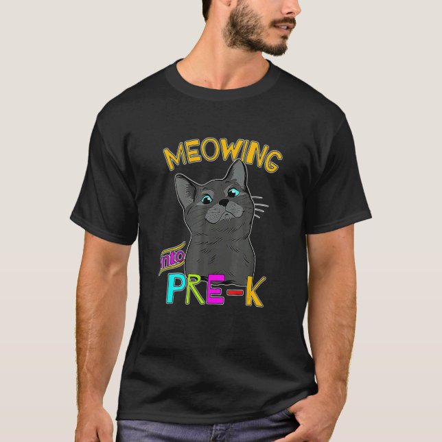 Meowing Into Pre K Cute Black Cat Back O School T-Shirt (Vorderseite)