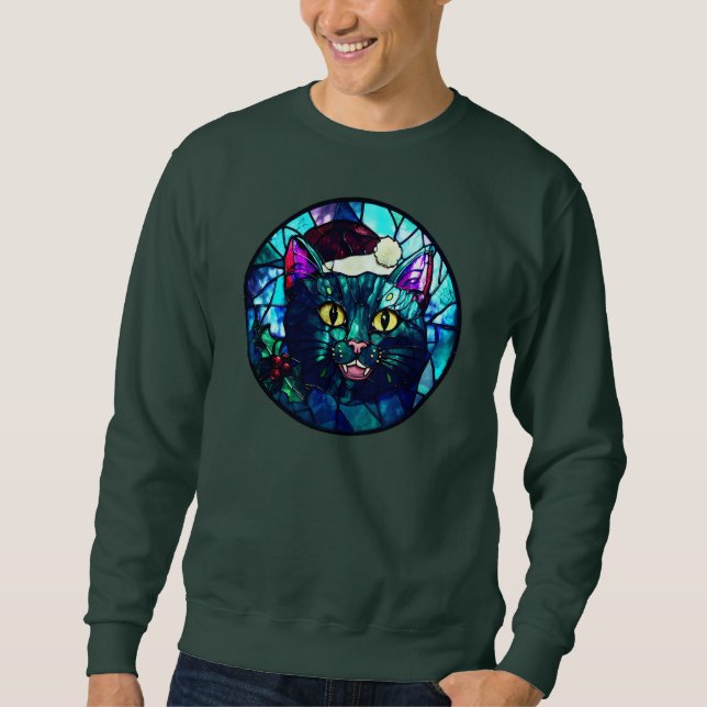 Meowing Stained-Glass Christmas Black Cat Sweatshirt (Vorderseite)