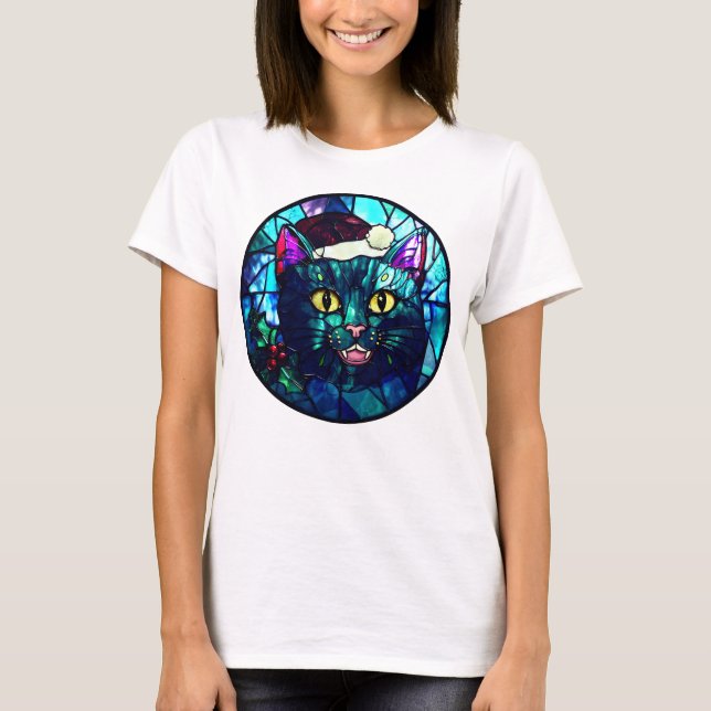 Meowing Stained-Glass Christmas Black Cat T-Shirt (Vorderseite)