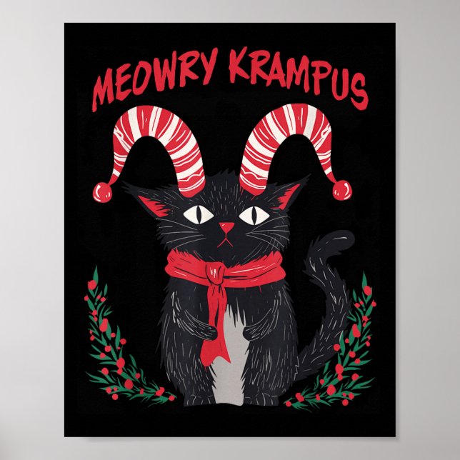 Meowry Krampus Funny Krampus Is Coming To Town Cat Poster (Vorne)