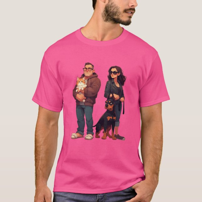 Meows & Muscle – Funny Cat Dad & Doberman Mom T-Shirt (Vorderseite)