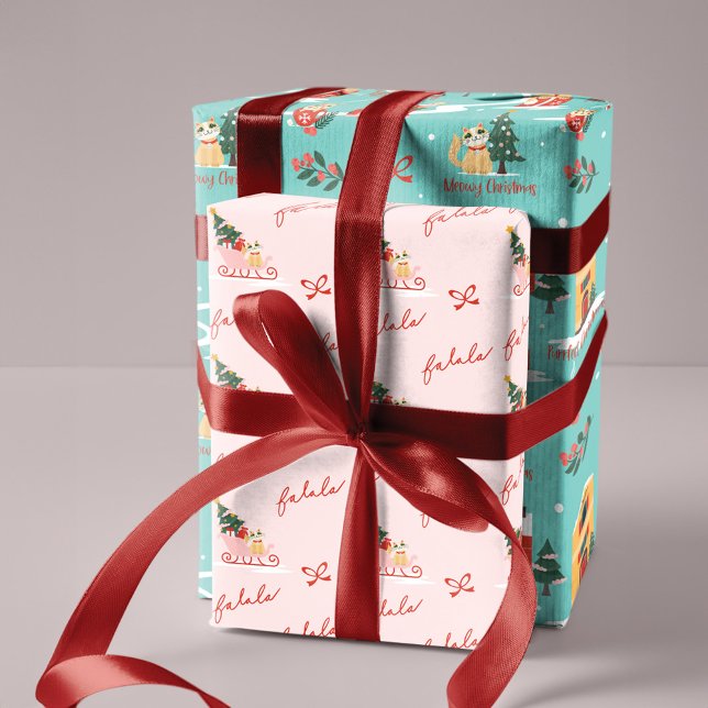 Meowy Cat Christmas Sleigh Winter Village Szene Geschenkpapier Set (Meowy Cat Christmas Sleigh Winter Village Scene Wrapping Paper Sheets)