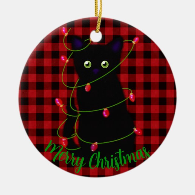 Meowy Cat Weihnachten Rote karierte Heilige Beeren Keramik Ornament (Vorne)