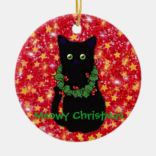Meowy Cat Weihnachten Roter funkelnder Glitzer Keramik Ornament (Vorne)