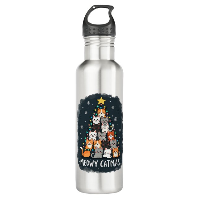 Meowy Catmas Cat Christmas Tree Xmas Girls Boys Fu Edelstahlflasche (Vorderseite)