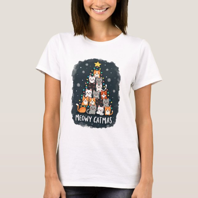 Meowy Catmas Cat Christmas Tree Xmas Girls Boys Fu T-Shirt (Vorderseite)