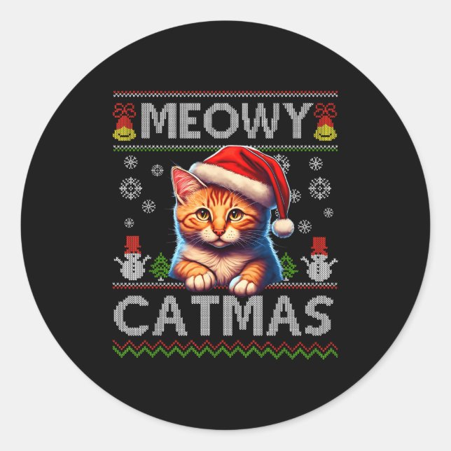 Meowy Catmas Cat Santa Christmas Kitten Xmas Ugly  Runder Aufkleber (Vorderseite)